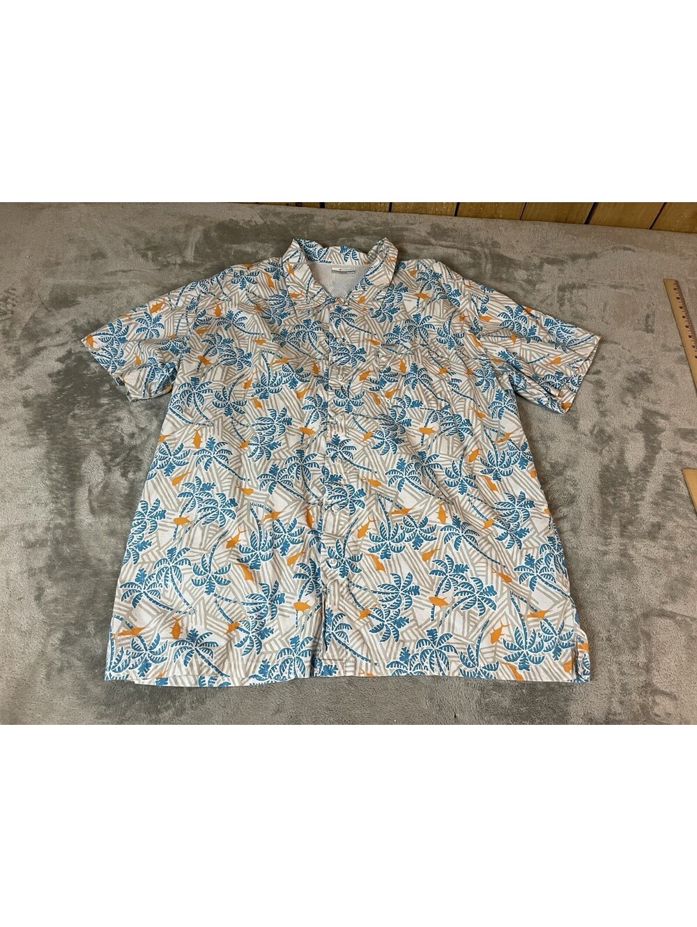 Columbia PFG Men XXL Button Up Vented Shirt Hawaiian Palm Tree Floral Fish